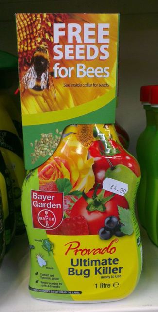 This bug killer contains the chemical imidacloprid, a neonic common in many garden products. Its packaging suggests its makers are devoid of any sense of irony…
